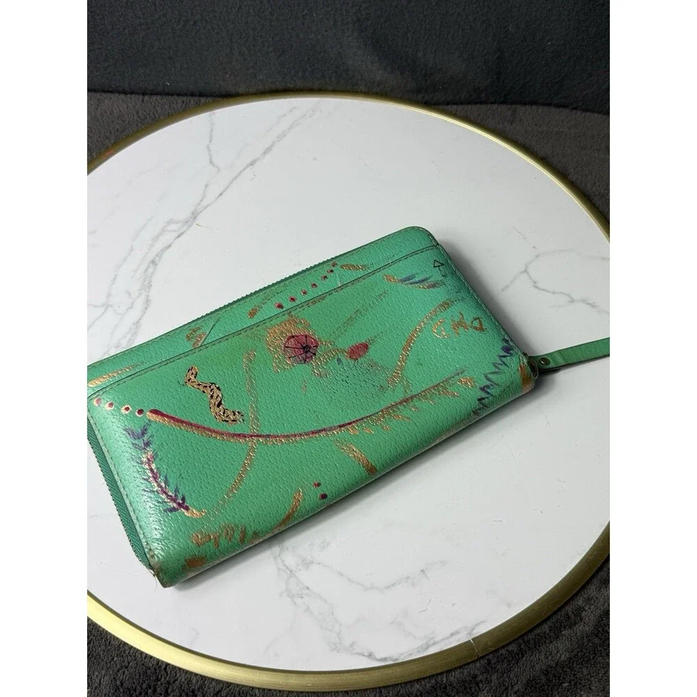 Kate Spade Jazzy Metro Green Patent Leather Zip Around Wallet Custom Art As Is